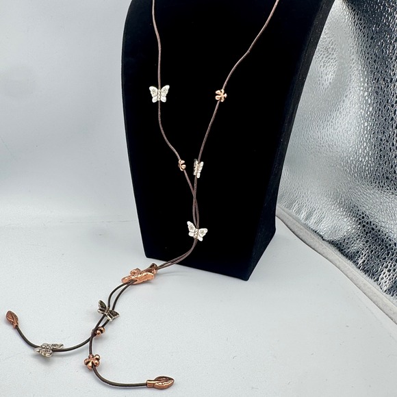 Jewelry - Boho Mixed Metal Butterfly Bird Lariat Necklace Brown Cord Nature Whimsical 36in